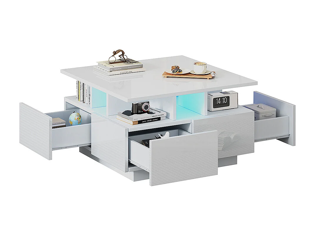 Table basse 70x70x40 cm blanc brillante LED 4 tiroirs design géométrique charge 30 kg