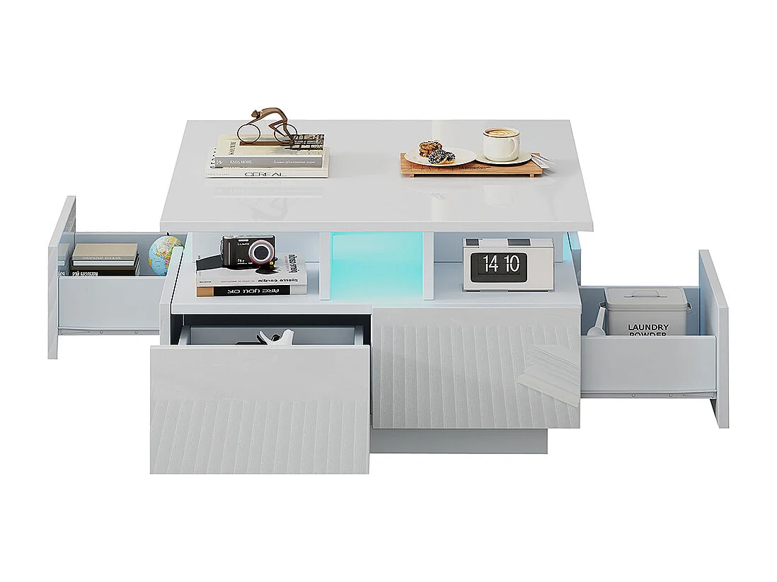 Table basse 70x70x40 cm blanc brillante LED 4 tiroirs design géométrique charge 30 kg