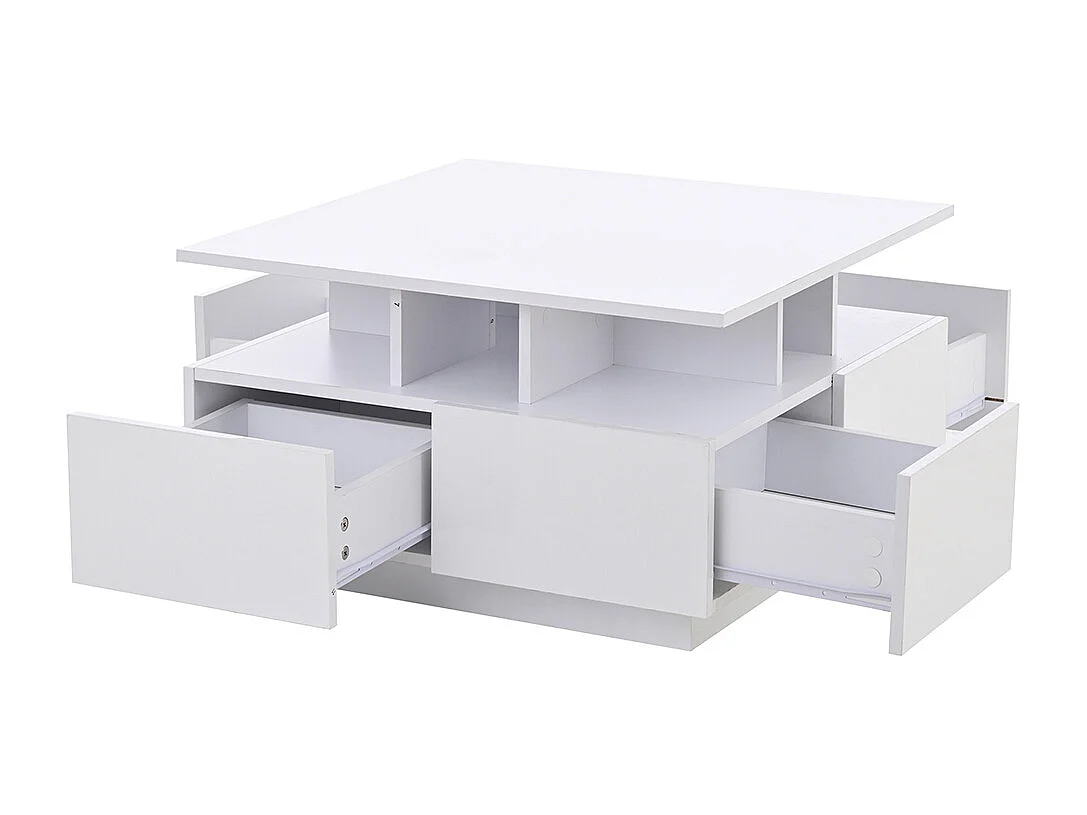 Table basse 70x70x40 cm blanc brillante LED 4 tiroirs design géométrique charge 30 kg