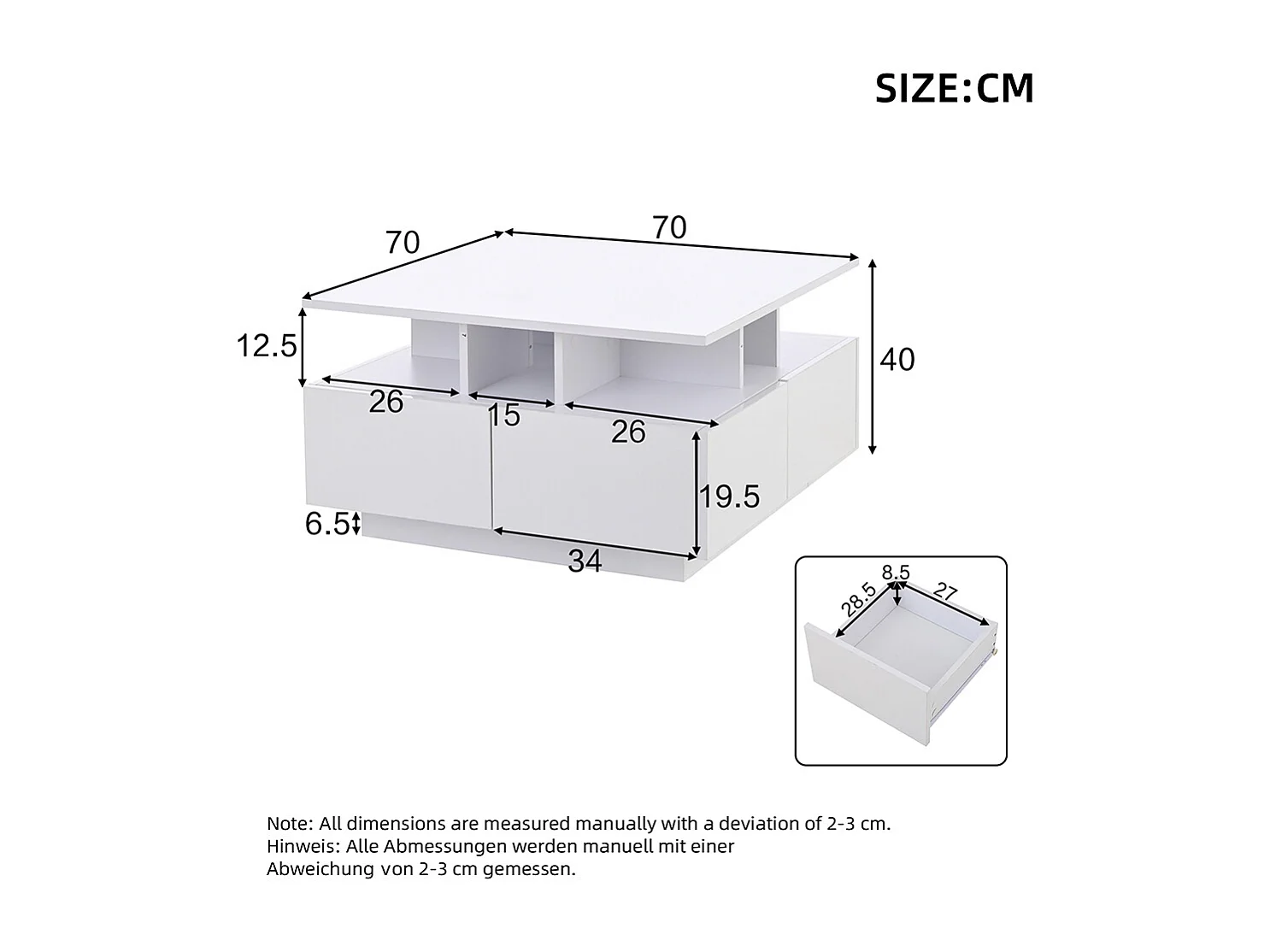 Table basse 70x70x40 cm blanc brillante LED 4 tiroirs design géométrique charge 30 kg