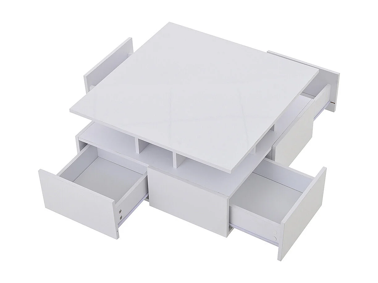 Table basse 70x70x40 cm blanc brillante LED 4 tiroirs design géométrique charge 30 kg