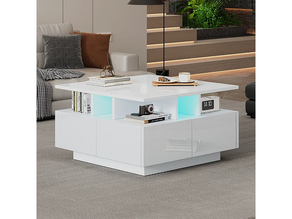 Table basse 70x70x40 cm blanc brillante LED 4 tiroirs design géométrique charge 30 kg