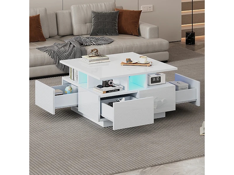 Table basse 70x70x40 cm blanc brillante LED 4 tiroirs design géométrique charge 30 kg