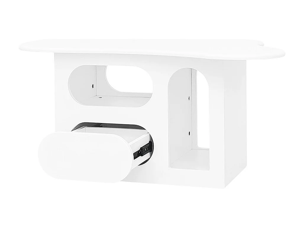 Table basse en forme de nuage avec compartiments de rangement ouverts et tiroir matériaux de haute qualité blanc