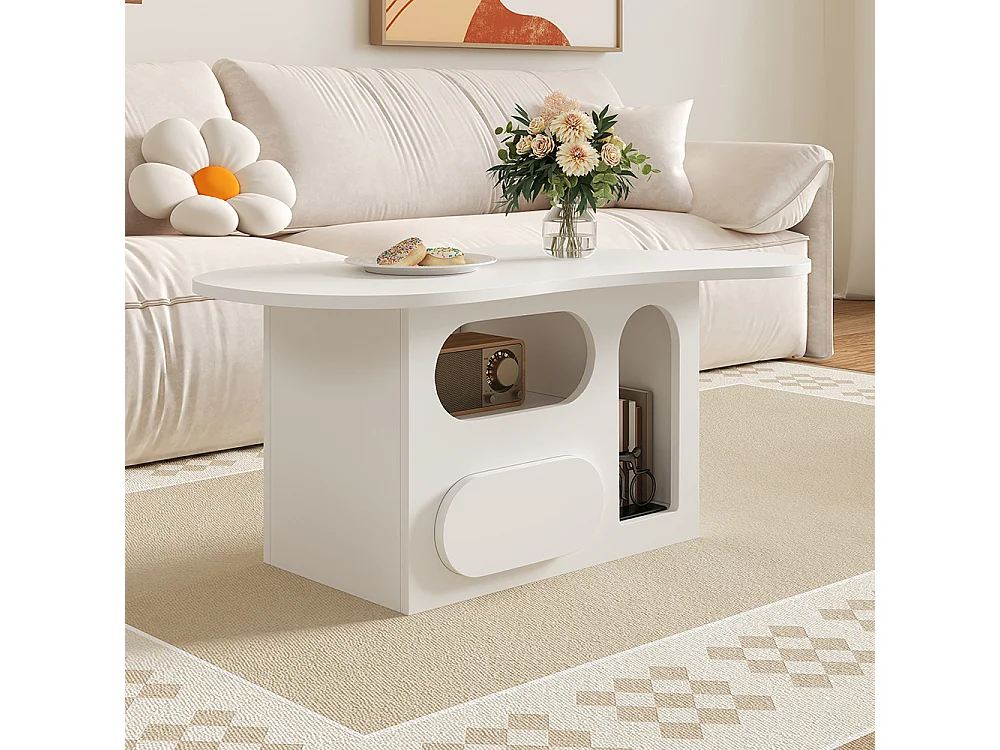 Table basse en forme de nuage avec compartiments de rangement ouverts et tiroir matériaux de haute qualité blanc
