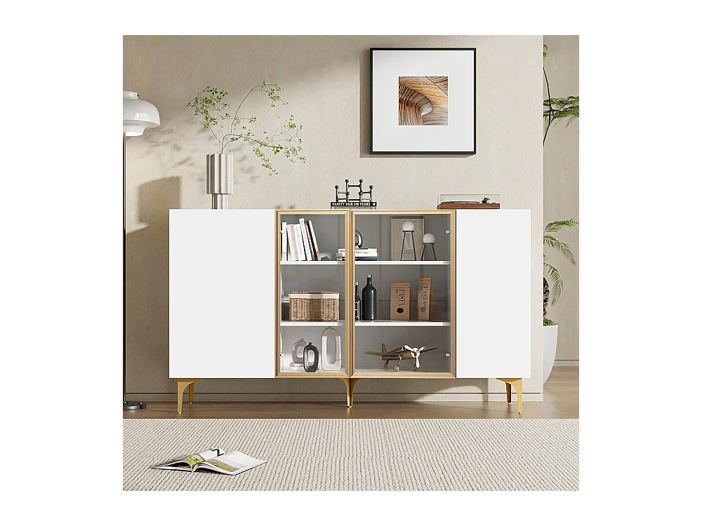 Buffet blanc à 4 portes avec verre et métal design moderne sans poignées pour salon salle à manger commode armoire de haute qualité