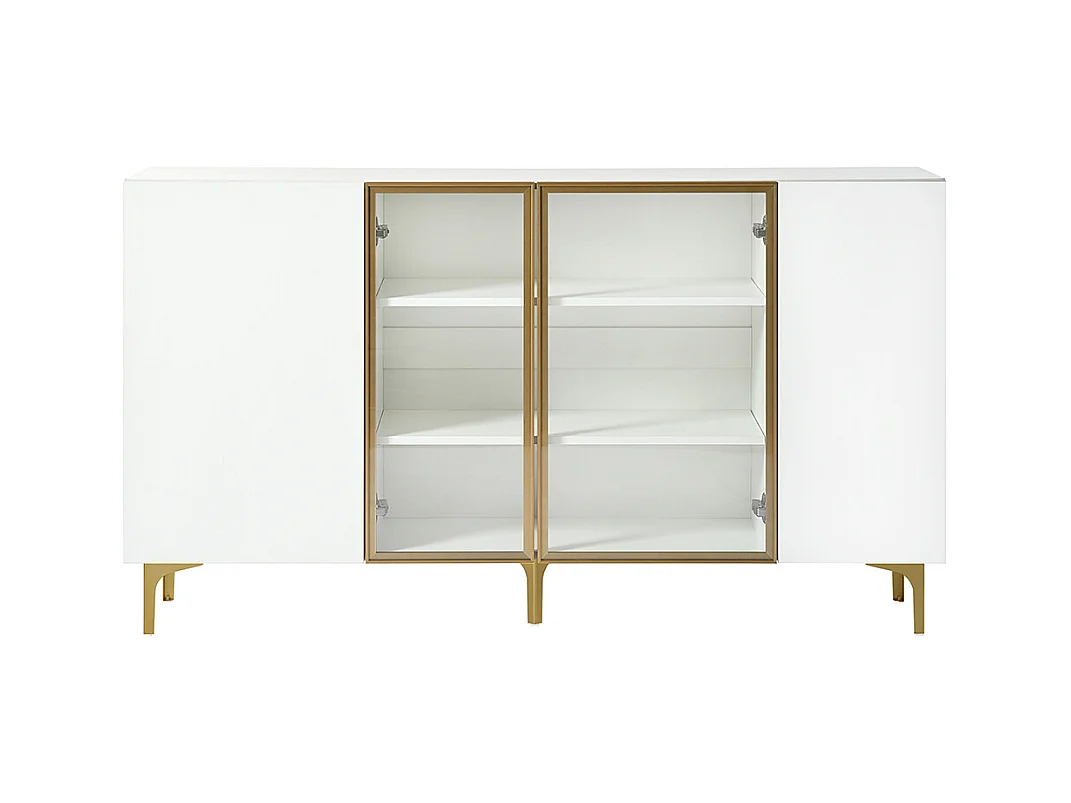 Buffet blanc à 4 portes avec verre et métal design moderne sans poignées pour salon salle à manger commode armoire de haute qualité