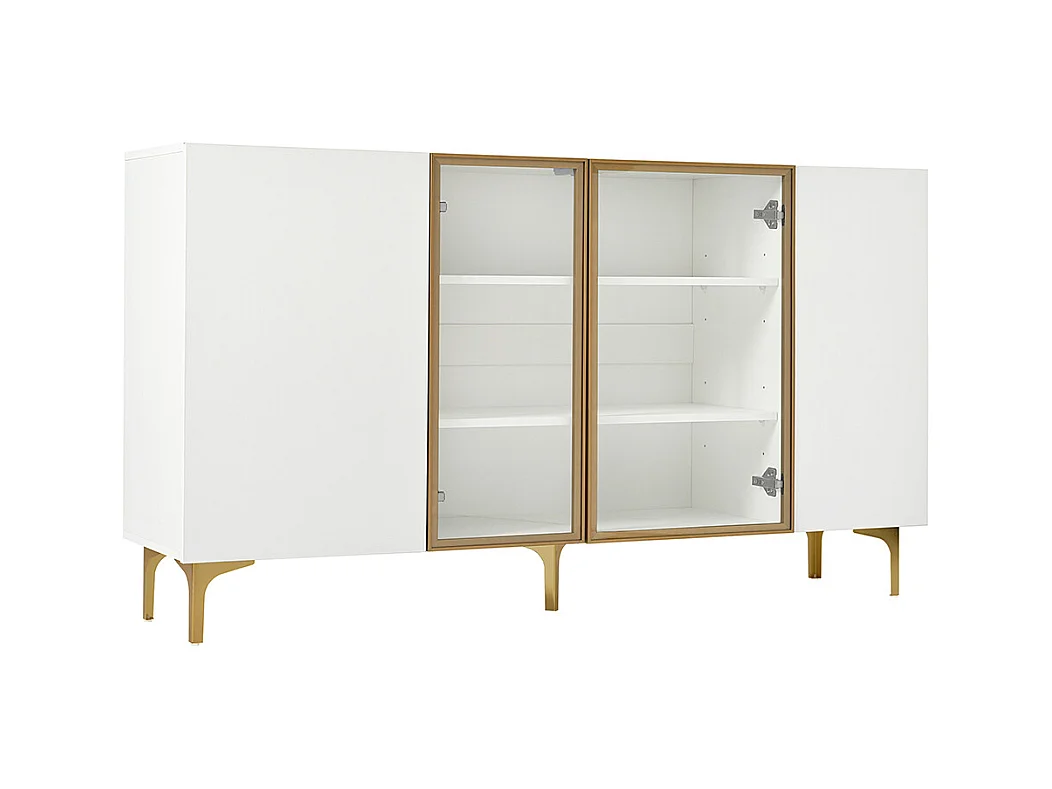 Buffet blanc à 4 portes avec verre et métal design moderne sans poignées pour salon salle à manger commode armoire de haute qualité
