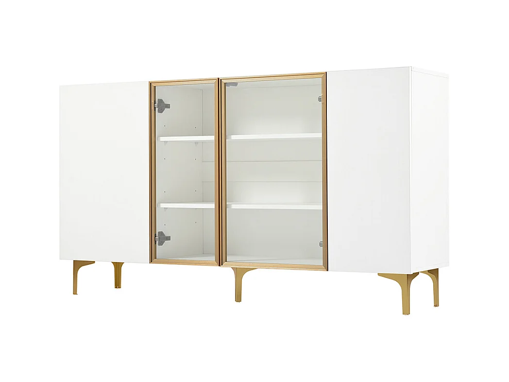 Buffet blanc à 4 portes avec verre et métal design moderne sans poignées pour salon salle à manger commode armoire de haute qualité