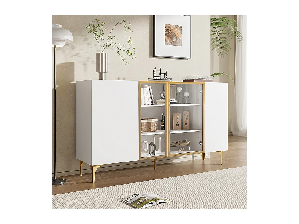 Buffet blanc à 4 portes avec verre et métal design moderne sans poignées pour salon salle à manger commode armoire de haute qualité