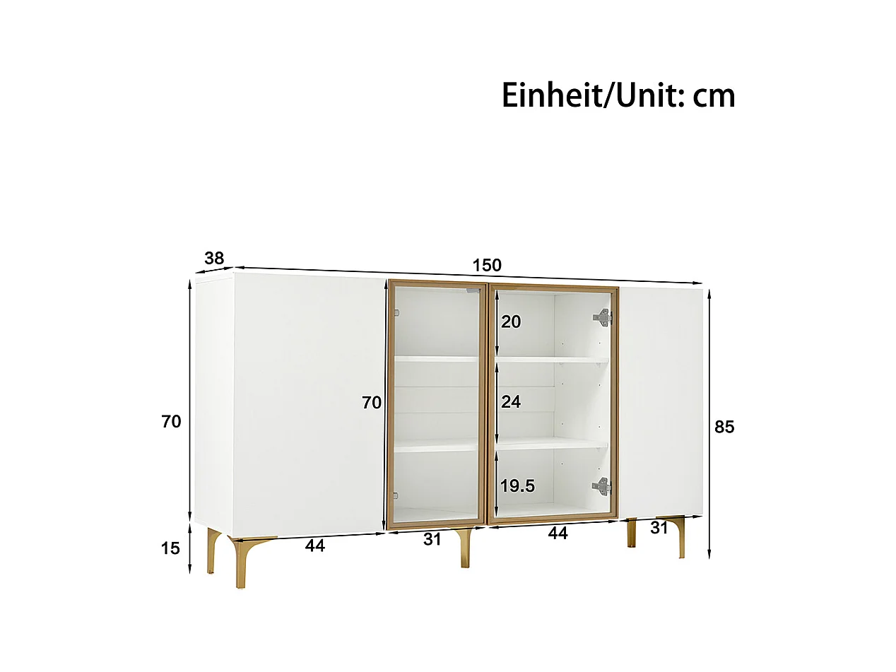 Buffet blanc à 4 portes avec verre et métal design moderne sans poignées pour salon salle à manger commode armoire de haute qualité