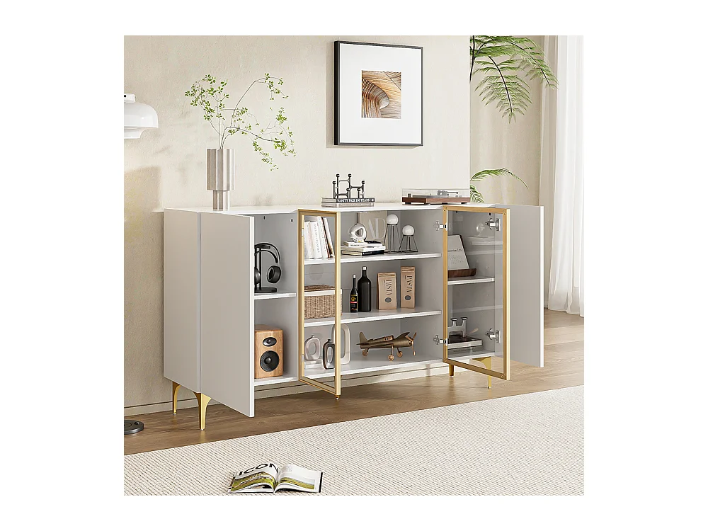 Buffet blanc à 4 portes avec verre et métal design moderne sans poignées pour salon salle à manger commode armoire de haute qualité