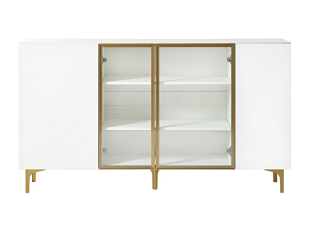 Buffet blanc à 4 portes avec verre et métal design moderne sans poignées pour salon salle à manger commode armoire de haute qualité