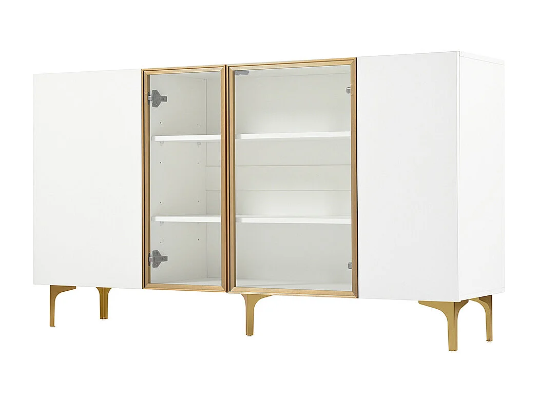 Buffet blanc à 4 portes avec verre et métal design moderne sans poignées pour salon salle à manger commode armoire de haute qualité