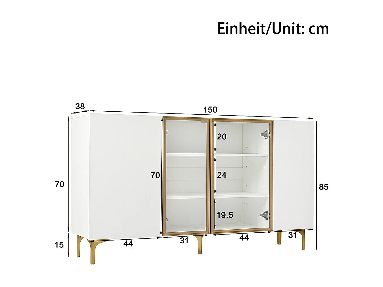 Buffet blanc à 4 portes avec verre et métal design moderne sans poignées pour salon salle à manger commode armoire de haute qualité