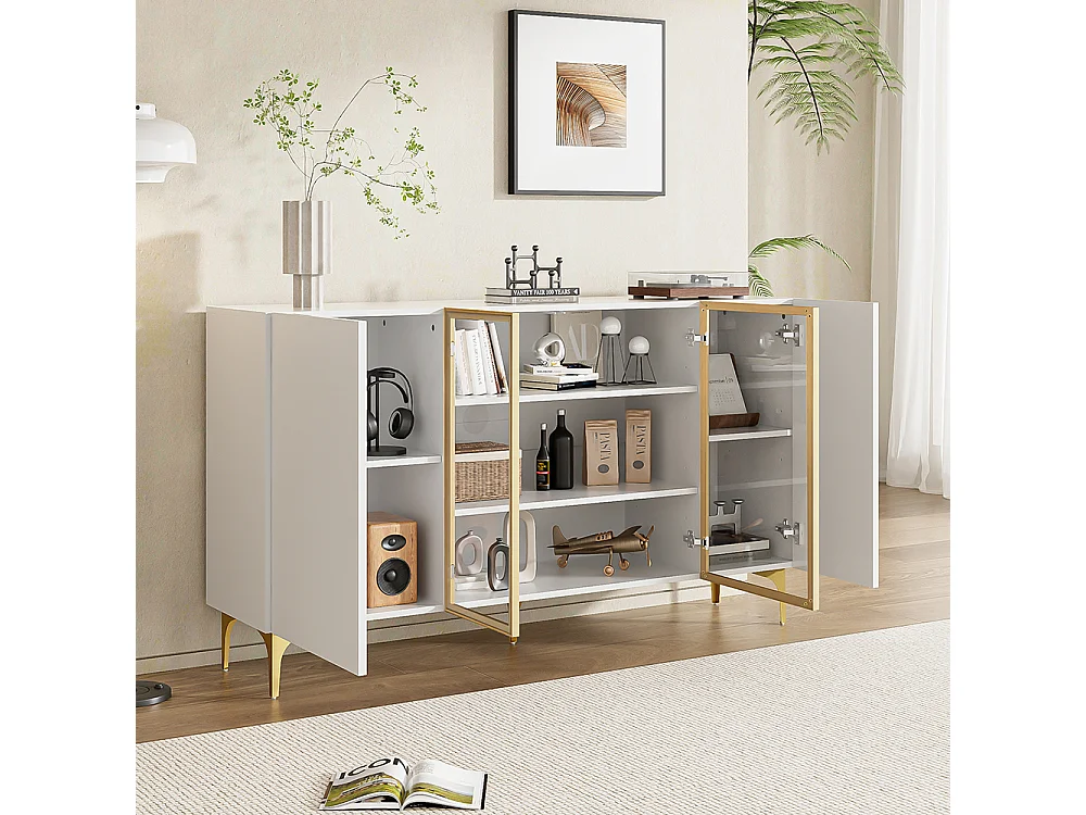 Buffet blanc à 4 portes avec verre et métal design moderne sans poignées pour salon salle à manger commode armoire de haute qualité