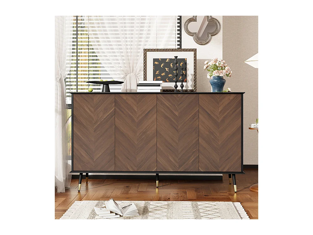 Buffet moderne motif chevrons 4 portes étagères réglables MDF pieds métal espace rangement salon salle à manger