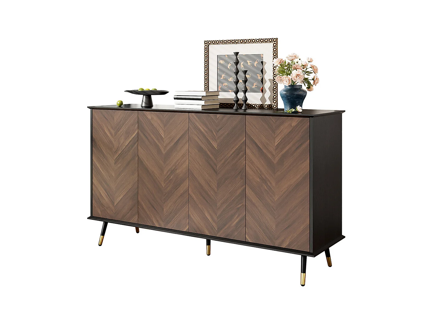 Buffet moderne motif chevrons 4 portes étagères réglables MDF pieds métal espace rangement salon salle à manger