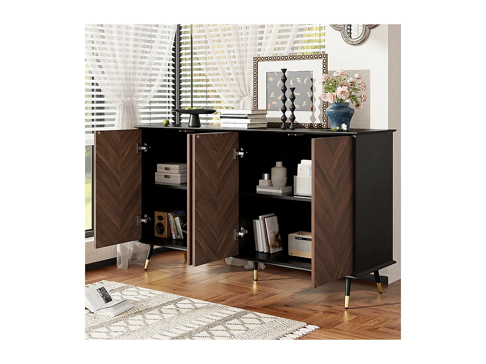 Buffet moderne motif chevrons 4 portes étagères réglables MDF pieds métal espace rangement salon salle à manger