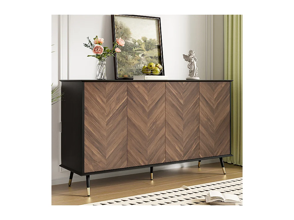 Buffet moderne motif chevrons 4 portes étagères réglables MDF pieds métal espace rangement salon salle à manger