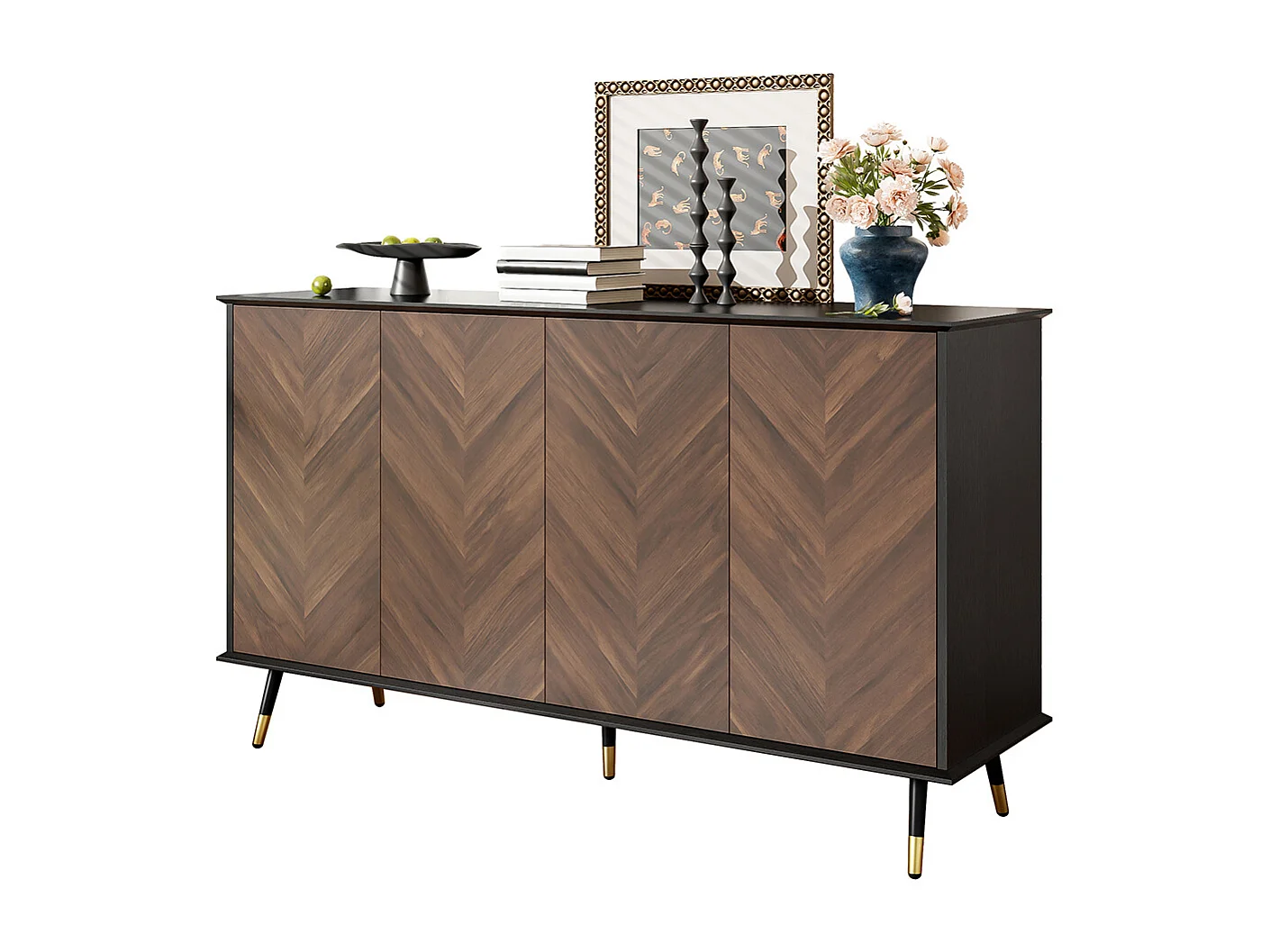 Buffet moderne motif chevrons 4 portes étagères réglables MDF pieds métal espace rangement salon salle à manger