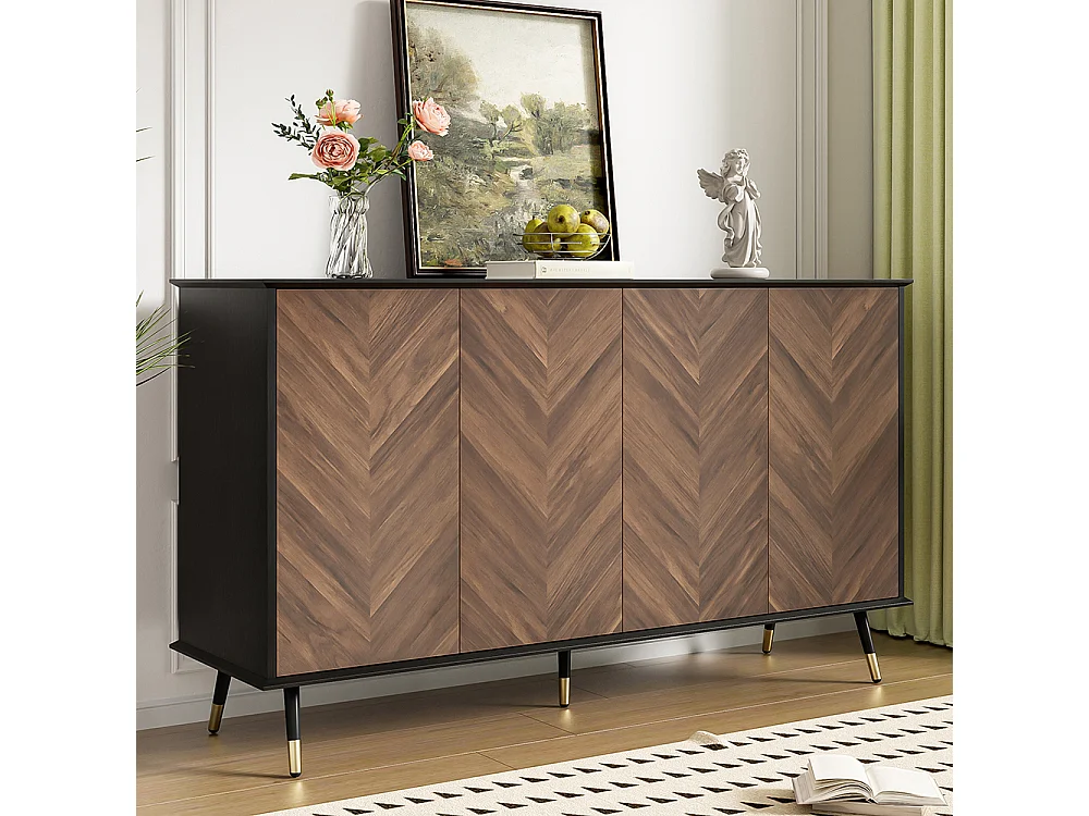 Buffet moderne motif chevrons 4 portes étagères réglables MDF pieds métal espace rangement salon salle à manger