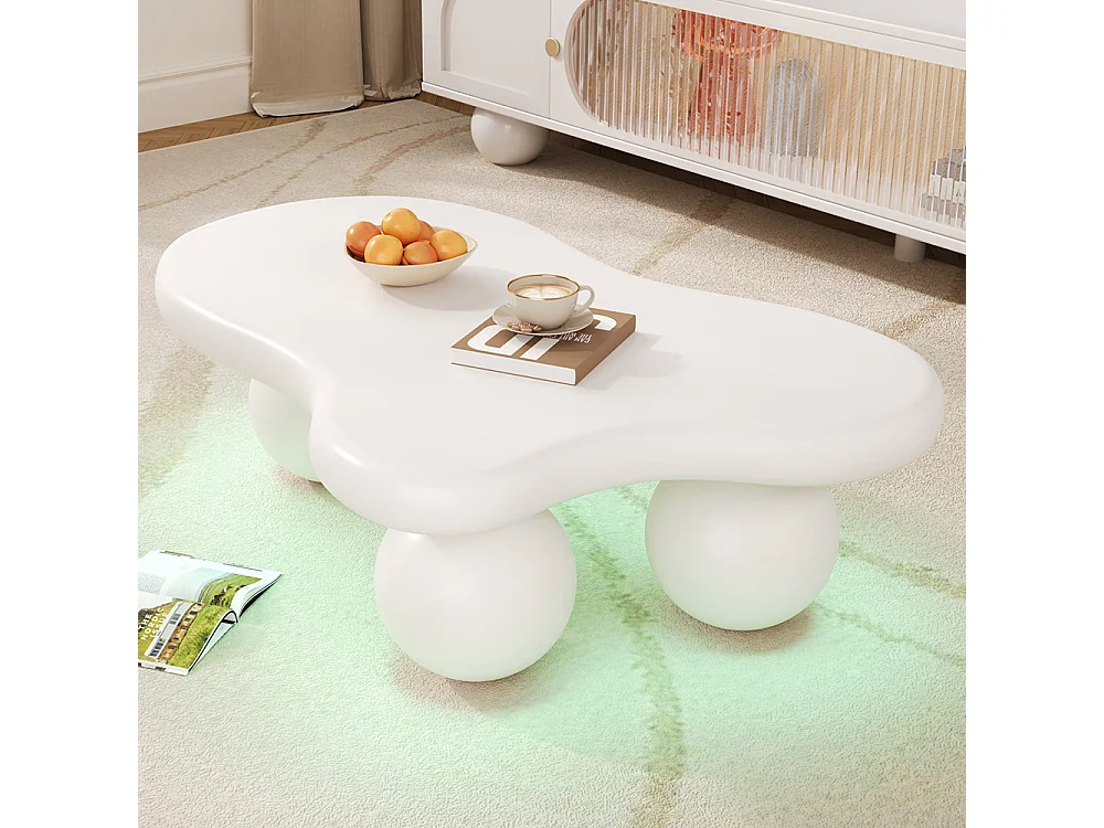Table basse blanc style nuage avec éclairage LED 16 couleurs disponibles blanc pieds ronds touche élégante pour un salon ou une chambre d'enfant moderne