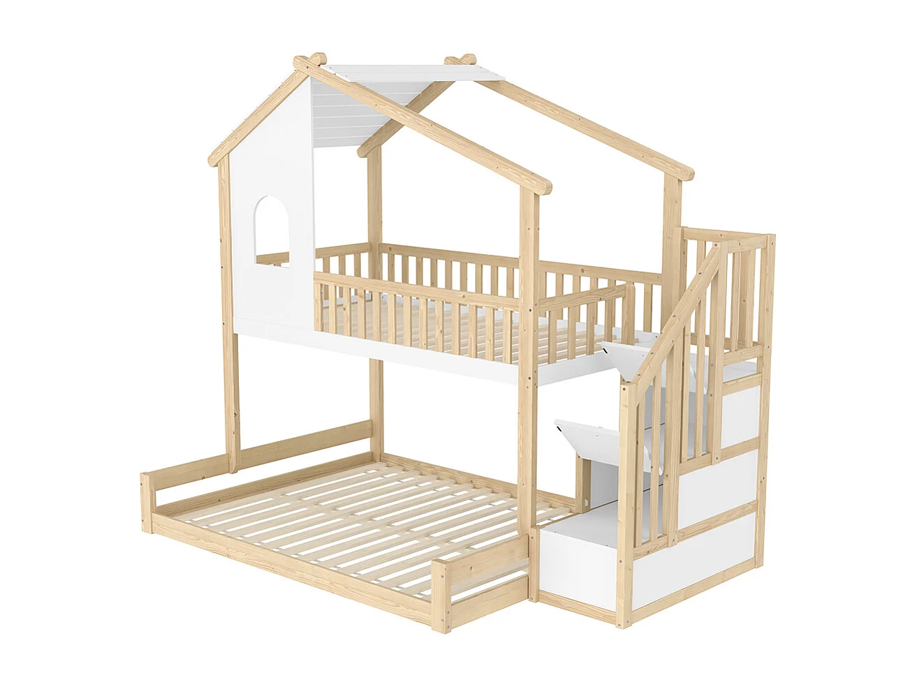 Lit superposé 90x200 cm 140x200 cm barrière échelle rangement fenêtre moulure naturel blanc