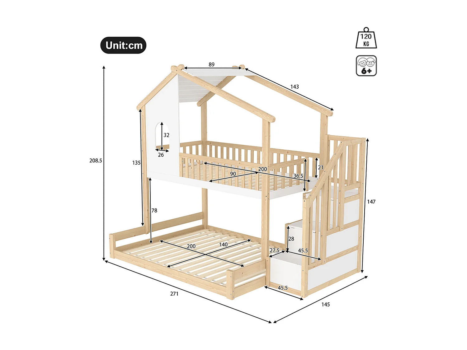Lit superposé 90x200 cm 140x200 cm barrière échelle rangement fenêtre moulure naturel blanc