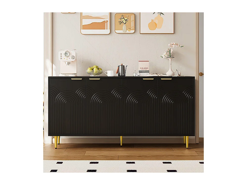 Buffet noir commode 4 portes salon poignées dorées brossées pieds brillants