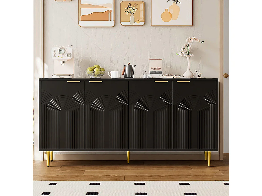 Buffet noir commode 4 portes salon poignées dorées brossées pieds brillants
