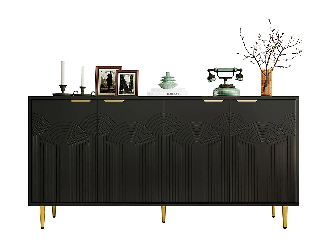 Buffet noir commode 4 portes salon poignées dorées brossées pieds brillants