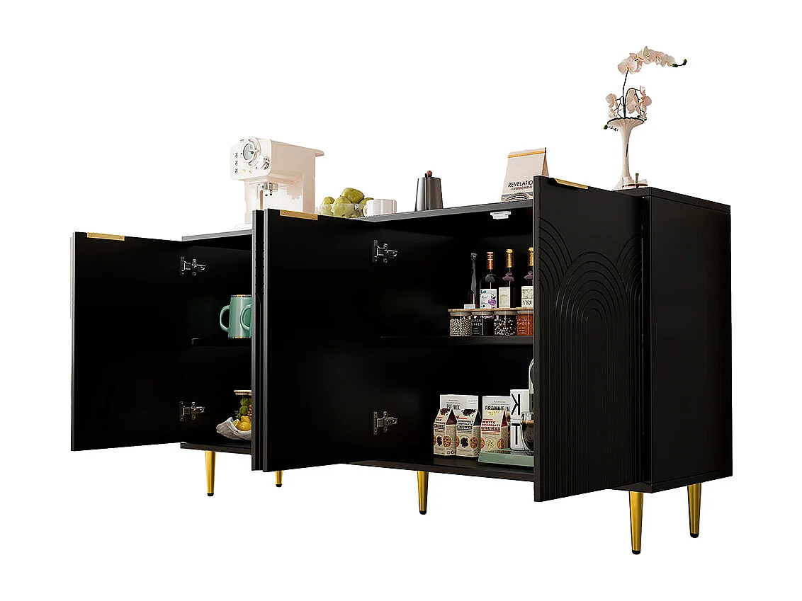 Buffet noir commode 4 portes salon poignées dorées brossées pieds brillants