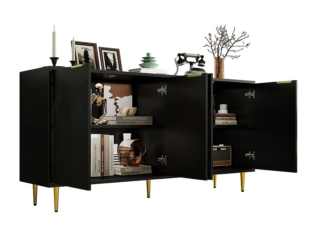 Buffet noir commode 4 portes salon poignées dorées brossées pieds brillants