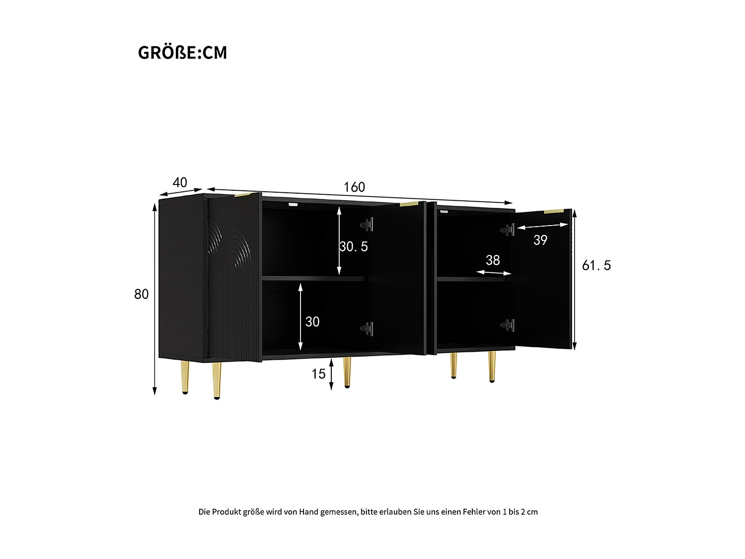 Buffet noir commode 4 portes salon poignées dorées brossées pieds brillants