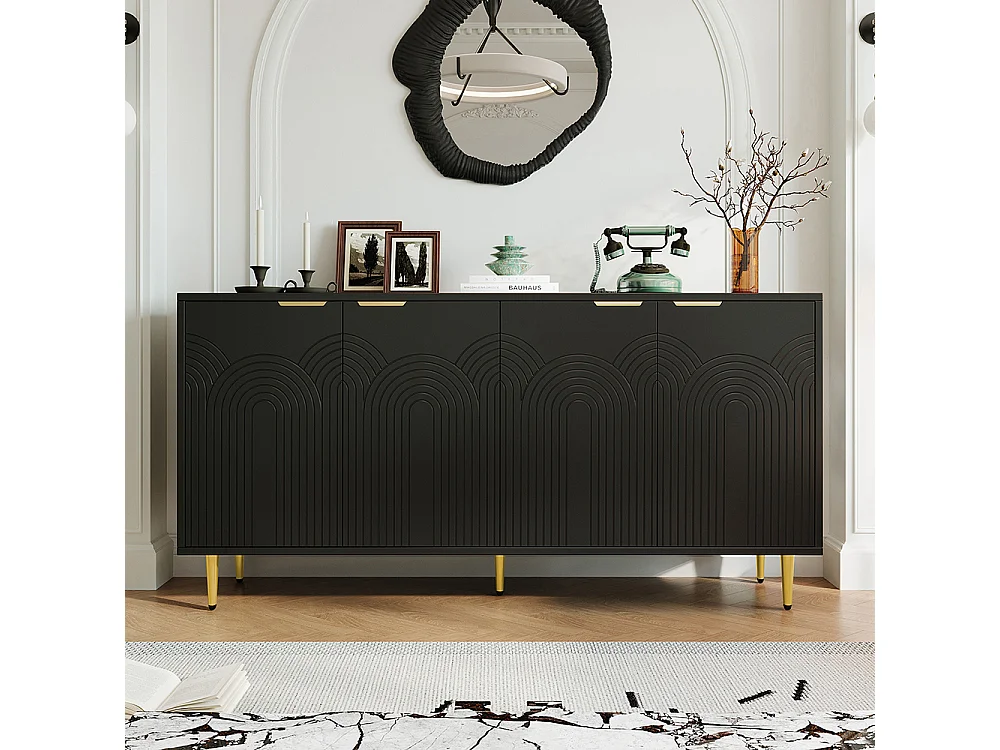 Buffet noir commode 4 portes salon poignées dorées brossées pieds brillants