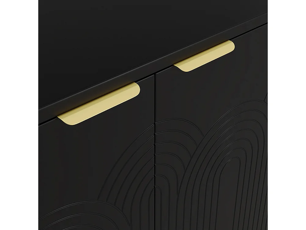 Buffet noir commode 4 portes salon poignées dorées brossées pieds brillants