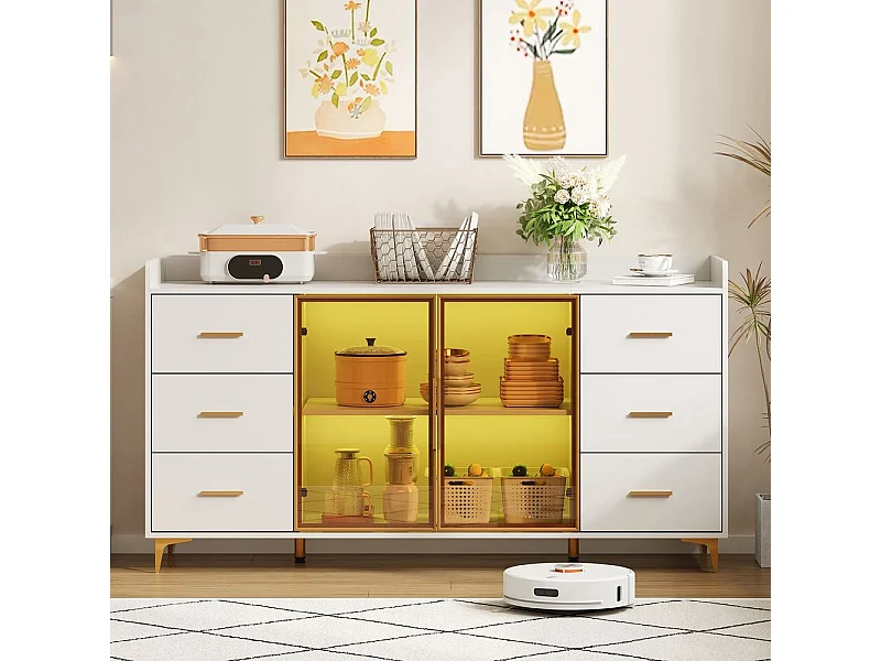Buffet armoire cuisine moderne blanc 6 tiroirs portes verre éclairage LED télécommandé ambiance poignées métal doré adapté cuisine salon chambre