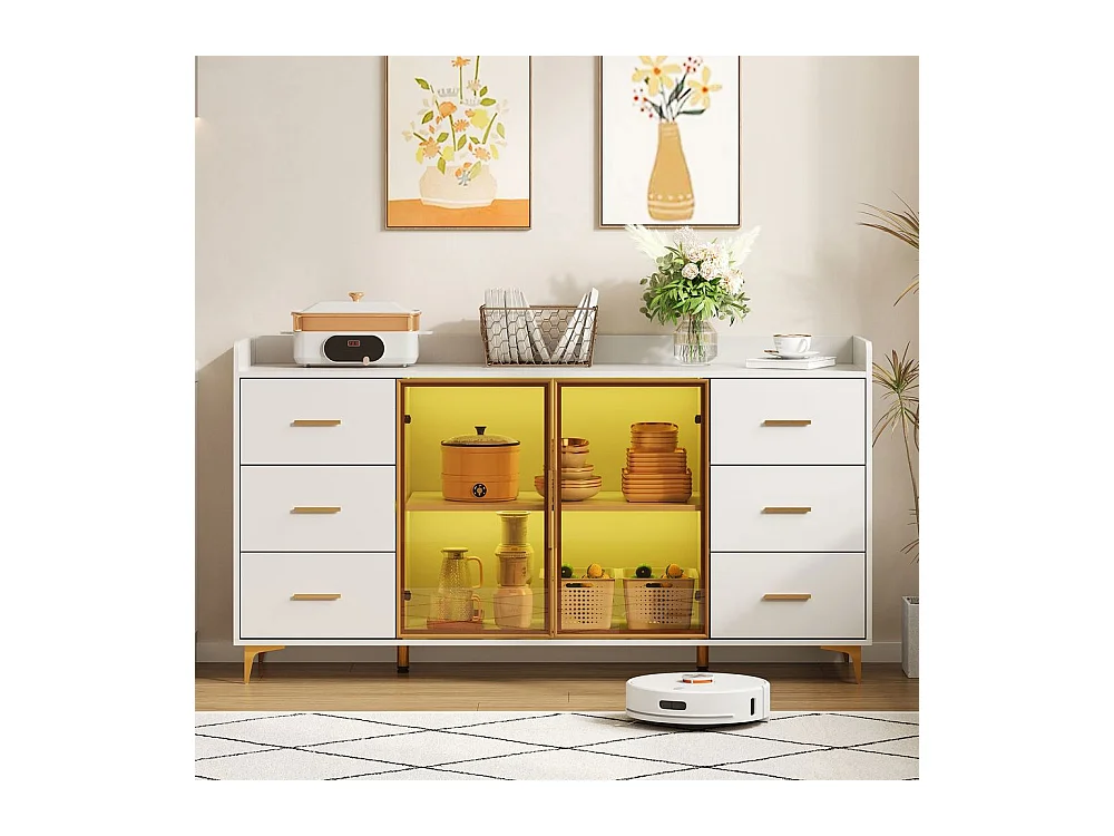 Buffet armoire cuisine moderne blanc 6 tiroirs portes verre éclairage LED télécommandé ambiance poignées métal doré adapté cuisine salon chambre