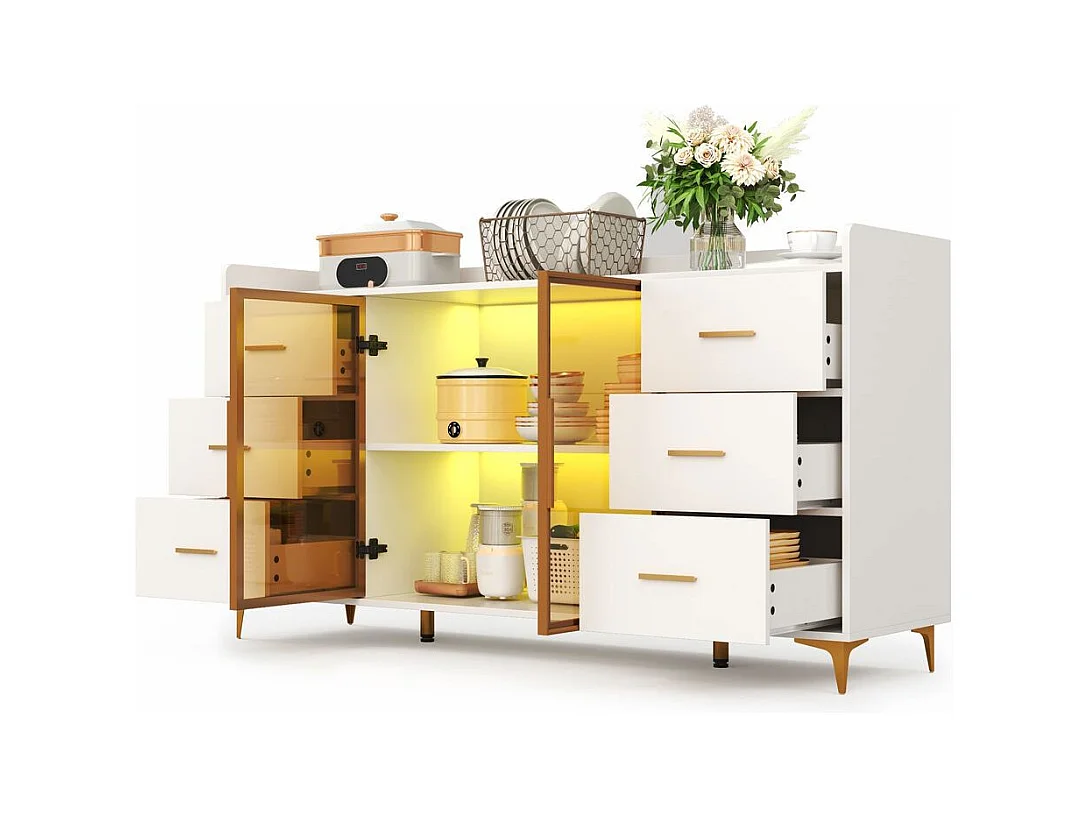 Buffet armoire cuisine moderne blanc 6 tiroirs portes verre éclairage LED télécommandé ambiance poignées métal doré adapté cuisine salon chambre