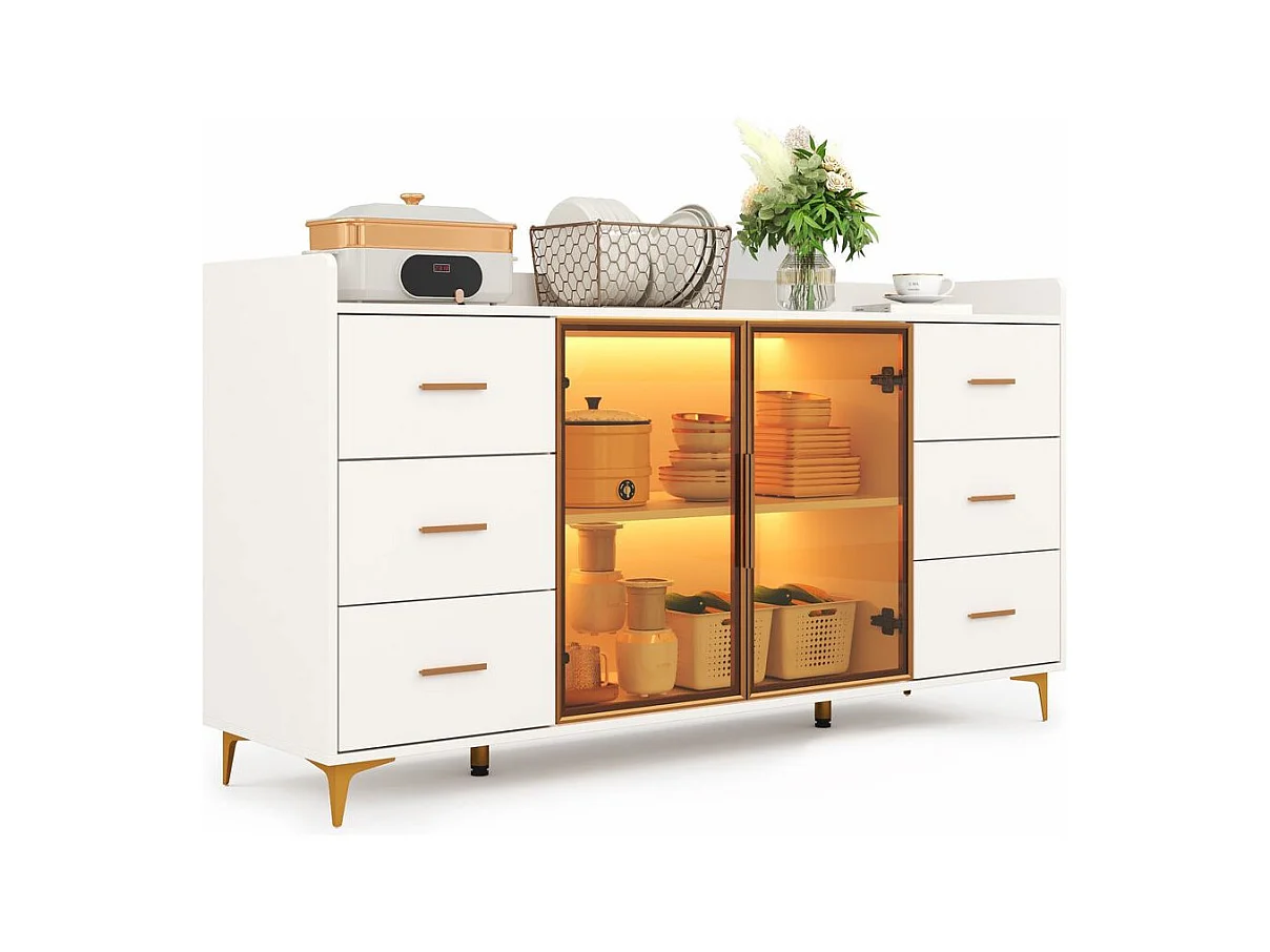 Buffet armoire cuisine moderne blanc 6 tiroirs portes verre éclairage LED télécommandé ambiance poignées métal doré adapté cuisine salon chambre