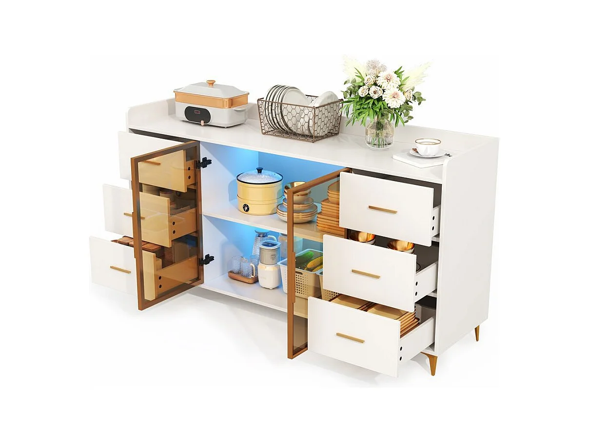 Buffet armoire cuisine moderne blanc 6 tiroirs portes verre éclairage LED télécommandé ambiance poignées métal doré adapté cuisine salon chambre