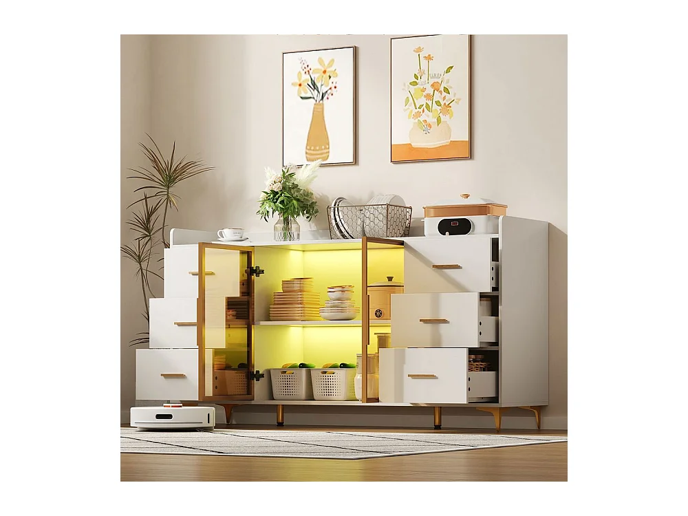 Buffet armoire cuisine moderne blanc 6 tiroirs portes verre éclairage LED télécommandé ambiance poignées métal doré adapté cuisine salon chambre