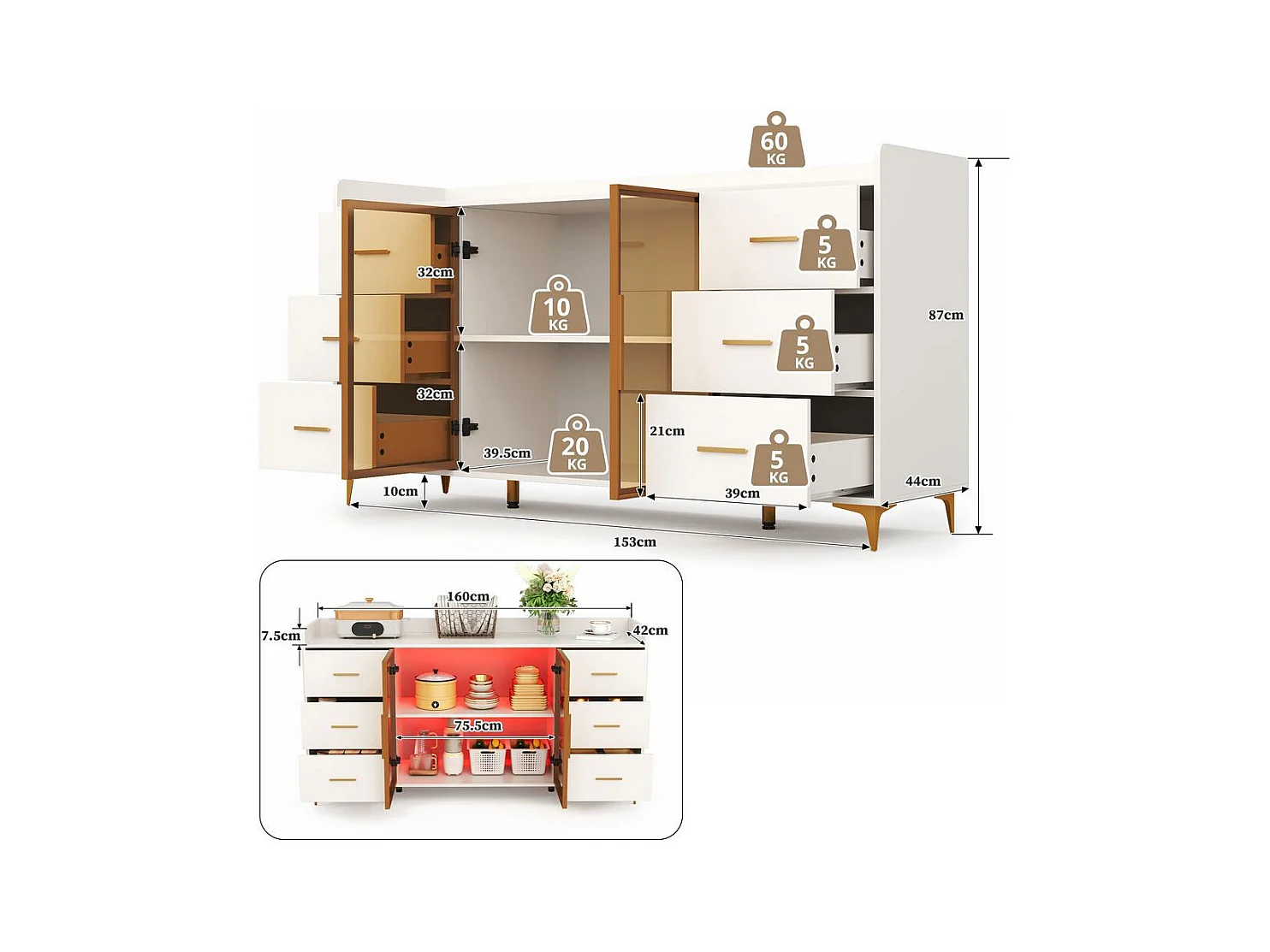 Buffet armoire cuisine moderne blanc 6 tiroirs portes verre éclairage LED télécommandé ambiance poignées métal doré adapté cuisine salon chambre