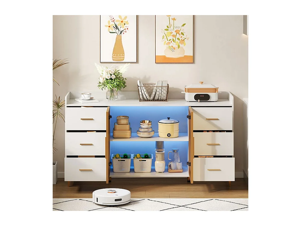 Buffet armoire cuisine moderne blanc 6 tiroirs portes verre éclairage LED télécommandé ambiance poignées métal doré adapté cuisine salon chambre