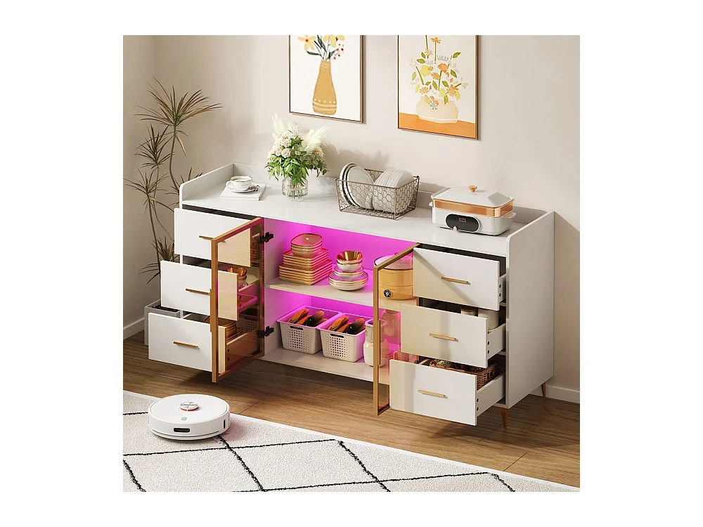 Buffet armoire cuisine moderne blanc 6 tiroirs portes verre éclairage LED télécommandé ambiance poignées métal doré adapté cuisine salon chambre