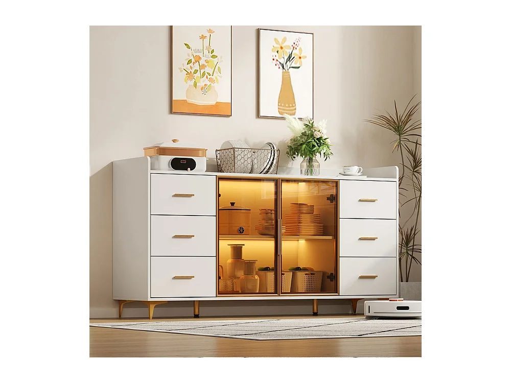 Buffet armoire cuisine moderne blanc 6 tiroirs portes verre éclairage LED télécommandé ambiance poignées métal doré adapté cuisine salon chambre