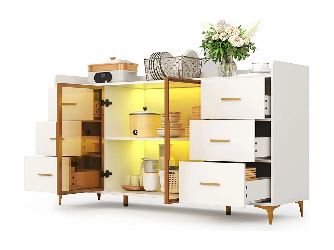 Buffet armoire cuisine moderne blanc 6 tiroirs portes verre éclairage LED télécommandé ambiance poignées métal doré adapté cuisine salon chambre