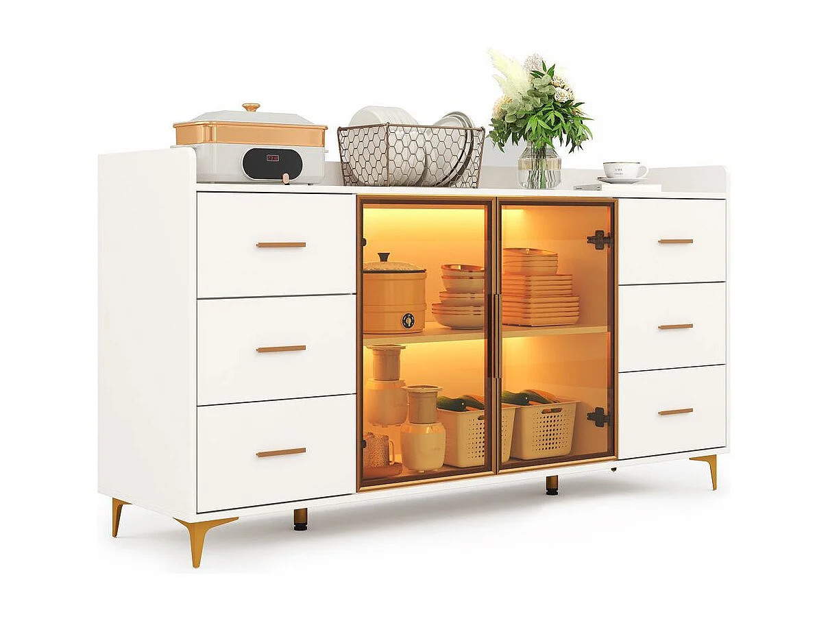 Buffet armoire cuisine moderne blanc 6 tiroirs portes verre éclairage LED télécommandé ambiance poignées métal doré adapté cuisine salon chambre