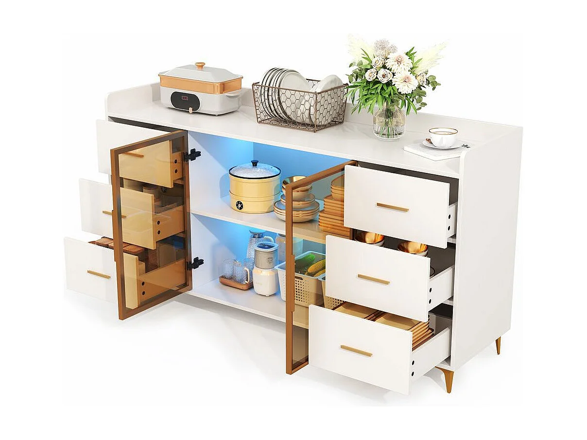Buffet armoire cuisine moderne blanc 6 tiroirs portes verre éclairage LED télécommandé ambiance poignées métal doré adapté cuisine salon chambre
